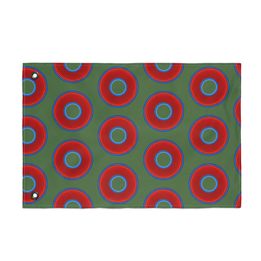 Lumpy Flagpole Sitters - Donut Flags [12" x 18"] - red vivid donut print w/dark green background