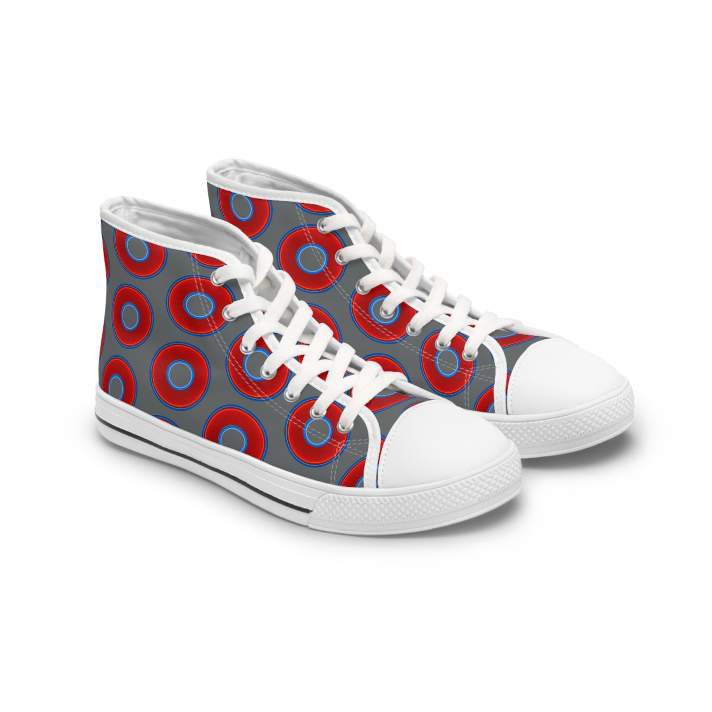 Women's High Top Chuck Taylors - large vivid red donut print w/dark gray background