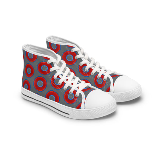 Women's High Top Chuck Taylors - large vivid red donut print w/dark gray background