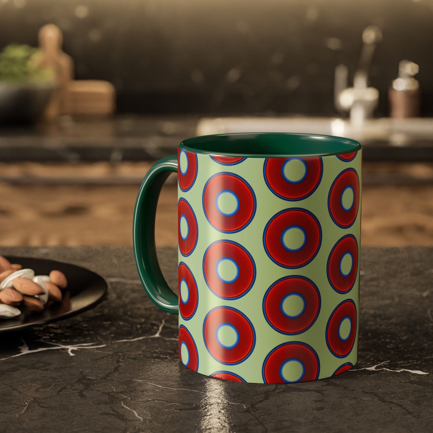 Lump's Grumpy Coffee Mug - vivid red donuts w/seafoam background