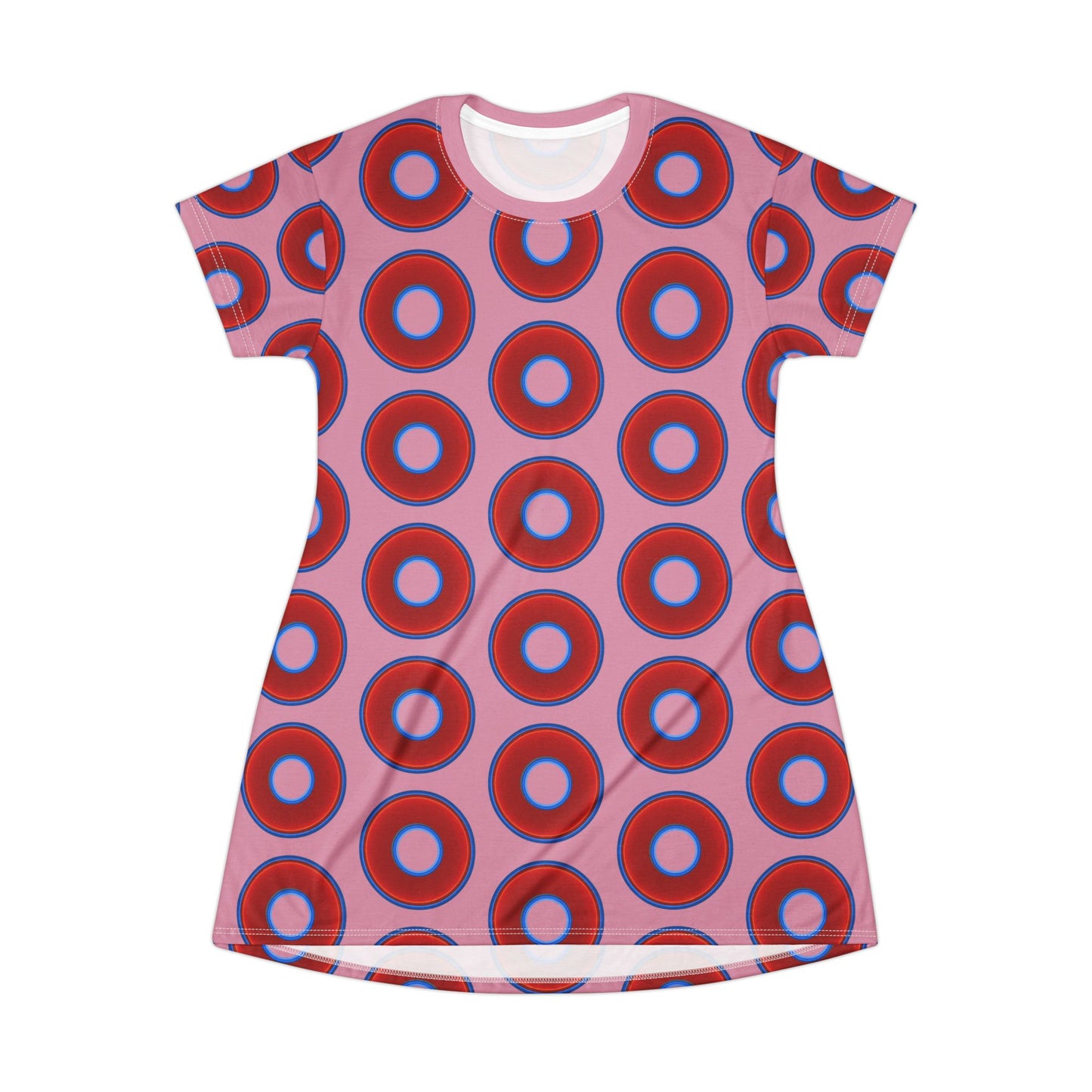 Not a Muumuu AOP Tee Shirt Dress - red vivid donuts w/pale magenta background