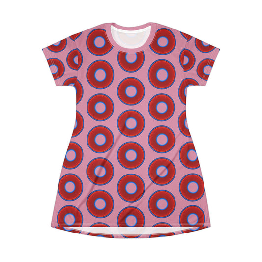 Not a Muumuu AOP Tee Shirt Dress - red vivid donuts w/pale magenta background