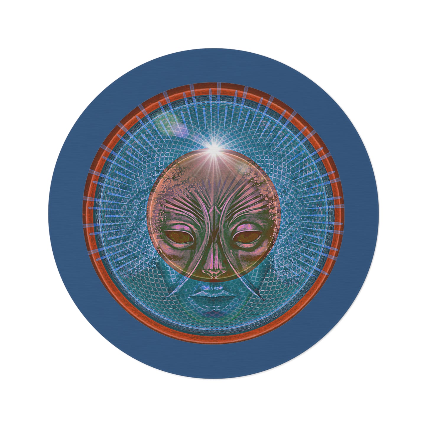 Round Room - 5 ft x 5 ft Lumpy Donut Rug - "Conjurers of Awesome Donuts" - rustic red/blue donut w/light navy background - variant 2