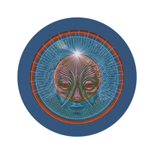 Round Room - 5 ft x 5 ft Lumpy Donut Rug - "Conjurers of Awesome Donuts" - rustic red/blue donut w/light navy background - variant 2