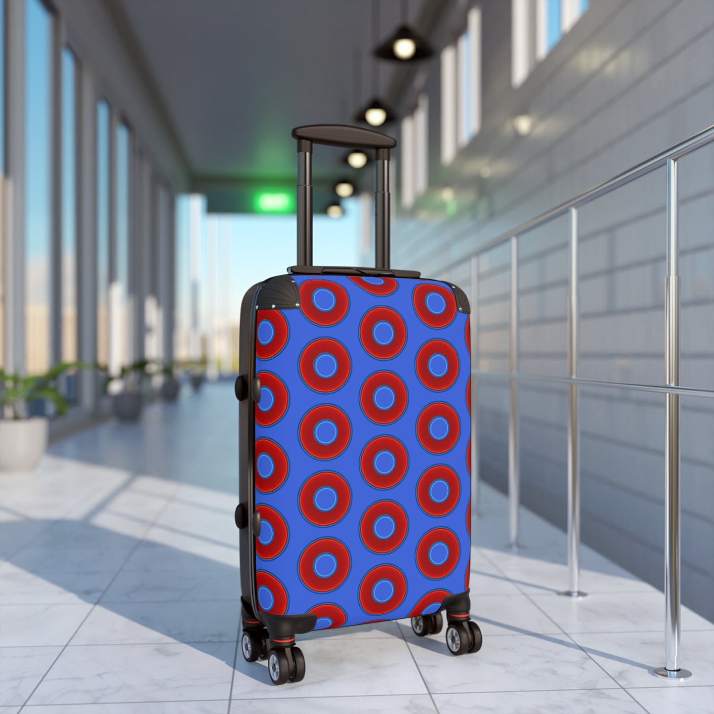 The Very Lumpy Donut Suitcase series - your choice of S, M or L - vivid red donut print w/royal blue background