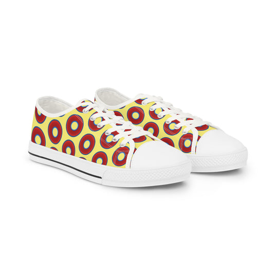 Men's - Low Top Chuck Taylors - large vivid red donut print w/yellow background