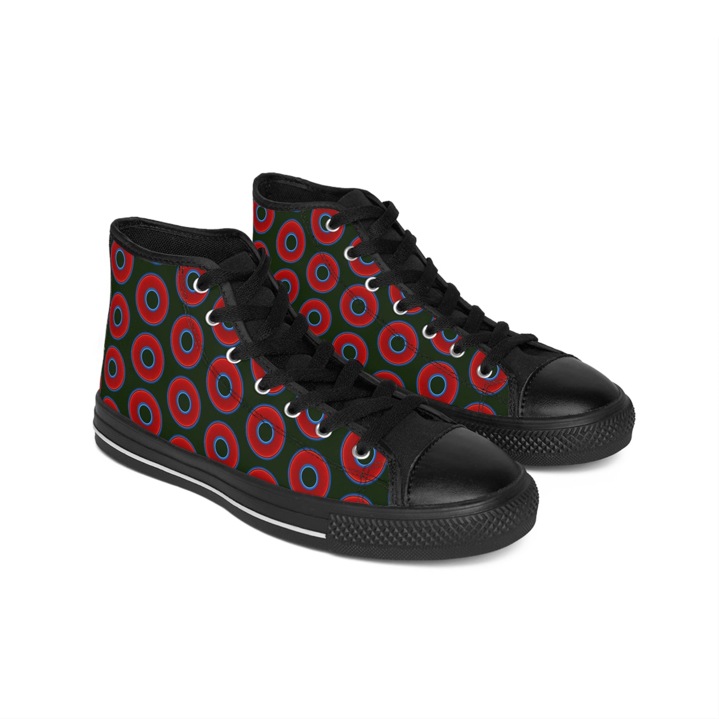 Cushiony Convectors - High Tops - red vivid donuts w/deep forest green background