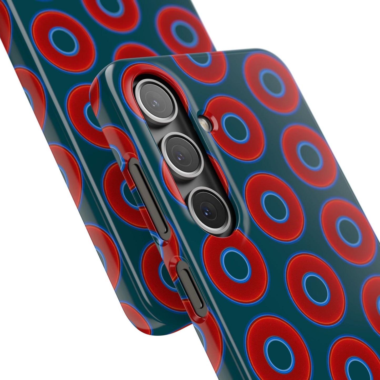 Lumpy Donut Snap Case - red vivid donut print w/midnight teal green background