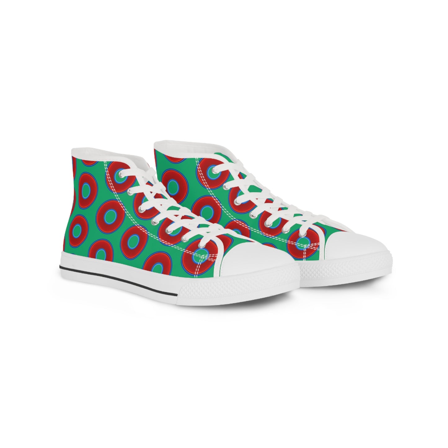 Men's High Top Chucks - large vivid red donut print w/jade green background