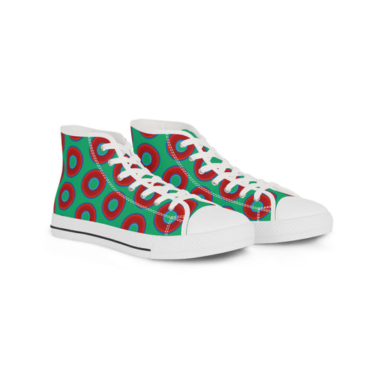 Men's High Top Chucks - large vivid red donut print w/jade green background