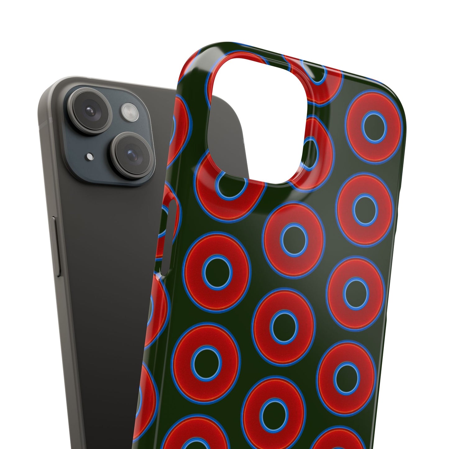 Lumpy Donut Snap Case - red vivid donut print w/deep forest green background