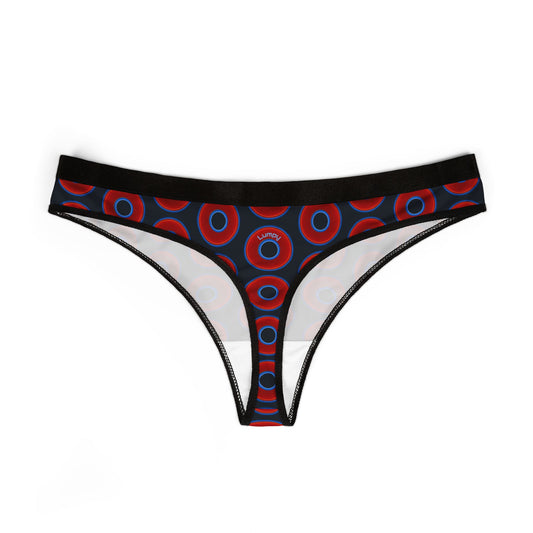 Lumpy Donut Thongs - red vivid donut print w/blue charcoal background