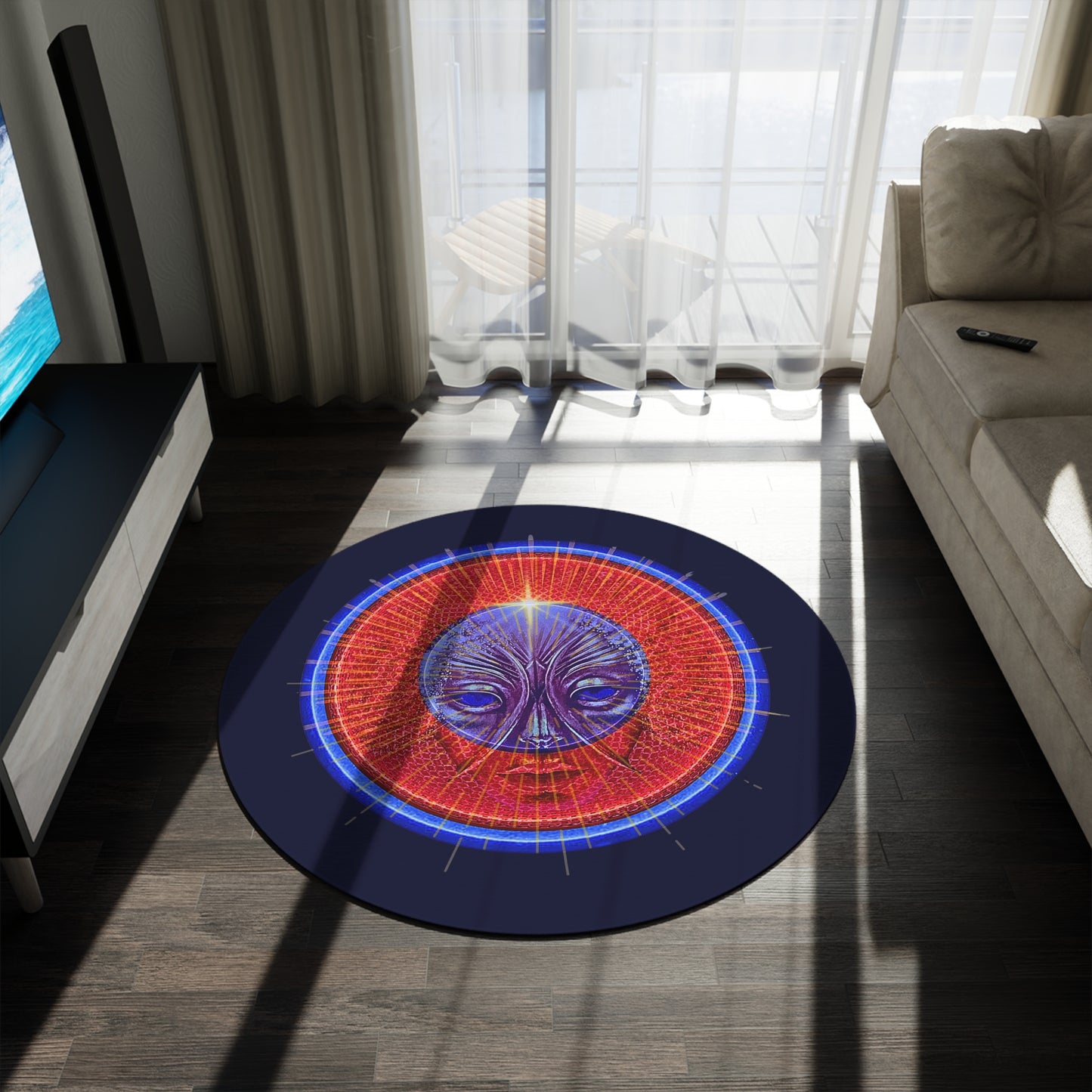 Round Room - 5 ft x 5 ft Lumpy Donut Rug - "Conjurers of Awesome Donuts" - rustic red/blue donut w/dark navy background - variant 1