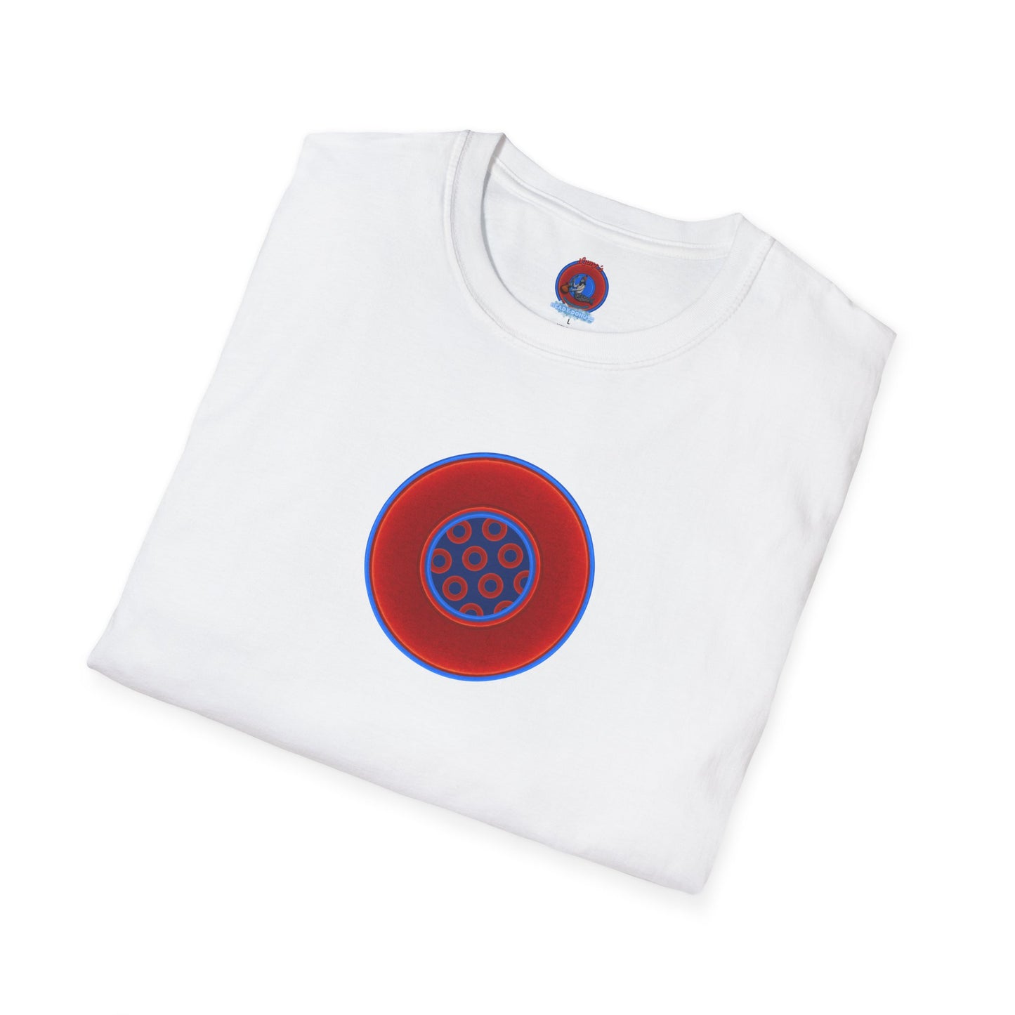 Classic Donut Tee - Unisex Soft-Style - "Portal Donut" - vivid red/blue donut  - w/navy blue - variant 2