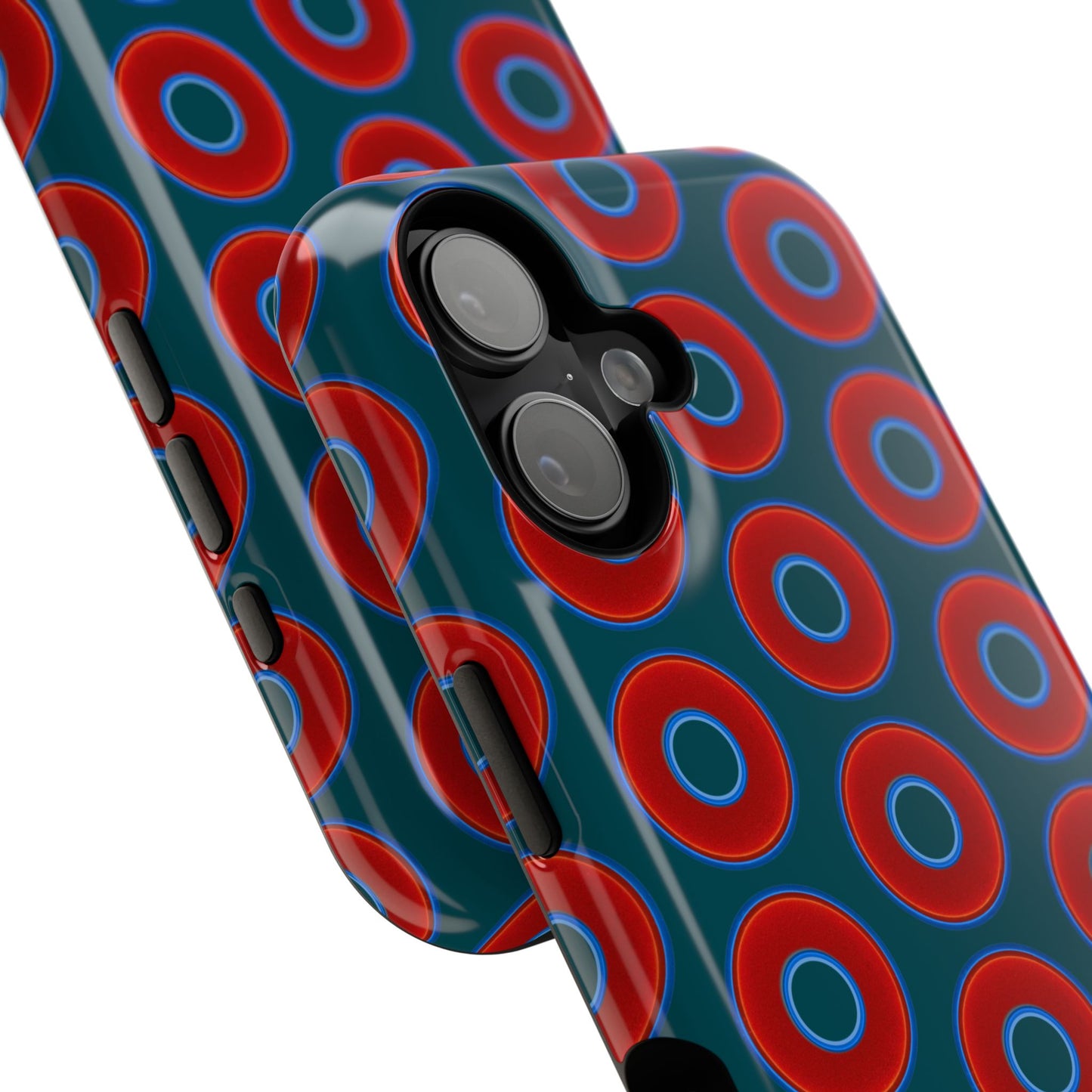 Impact-Resistant Lumpy Donut Case - red vivid donut print w/midnight green background