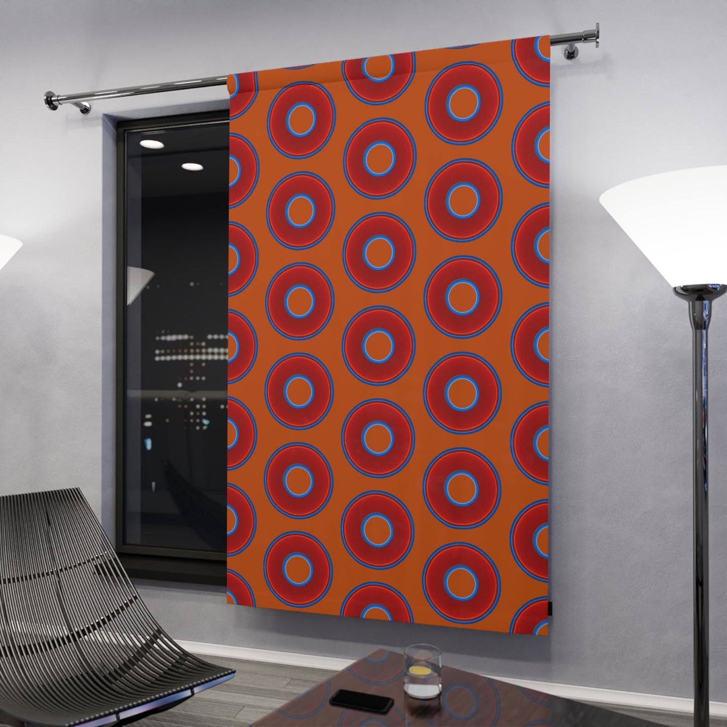 Lump's Heady Curtain w/Donuts - vivid red donut print - w/dark orange background - [*1 Piece / 50" x 84"]