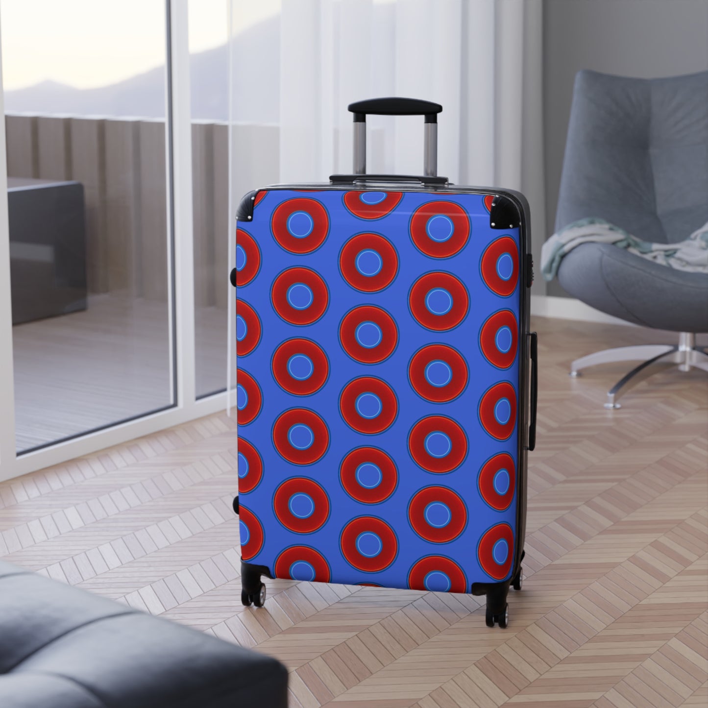 The Very Lumpy Donut Suitcase series - your choice of S, M or L - vivid red donut print w/royal blue background