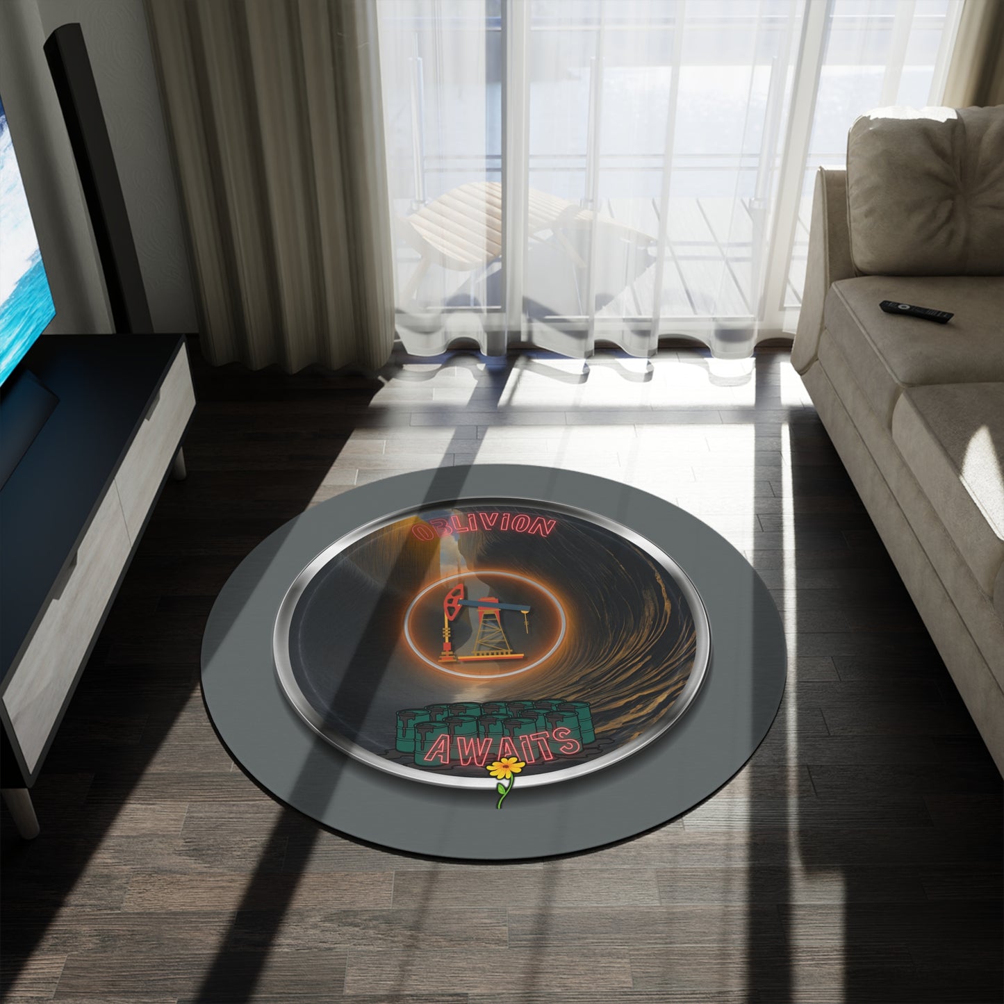 Round Room - 5 ft x 5 ft Lumpy Donut Rug - "The Donut Rug Splashed In Oil" - vivid dark brown/silver pic donut w/dark gray background - [*Charitable Donut]