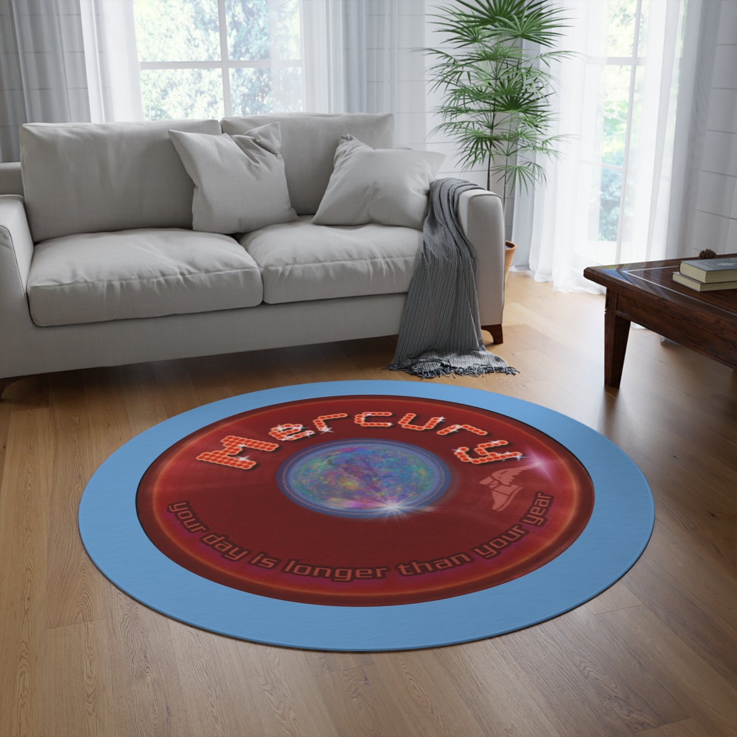Round Room - 5 ft x 5 ft Lumpy Donut Rug - "Donut Rug of the Gods" - vivid red donut w/light bluey background - variant 4