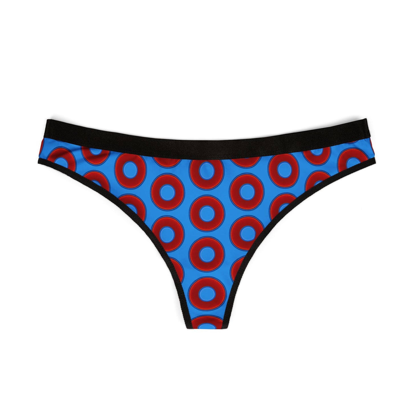 Lumpy Donut Thongs - red vivid donut print w/sky royal blue background