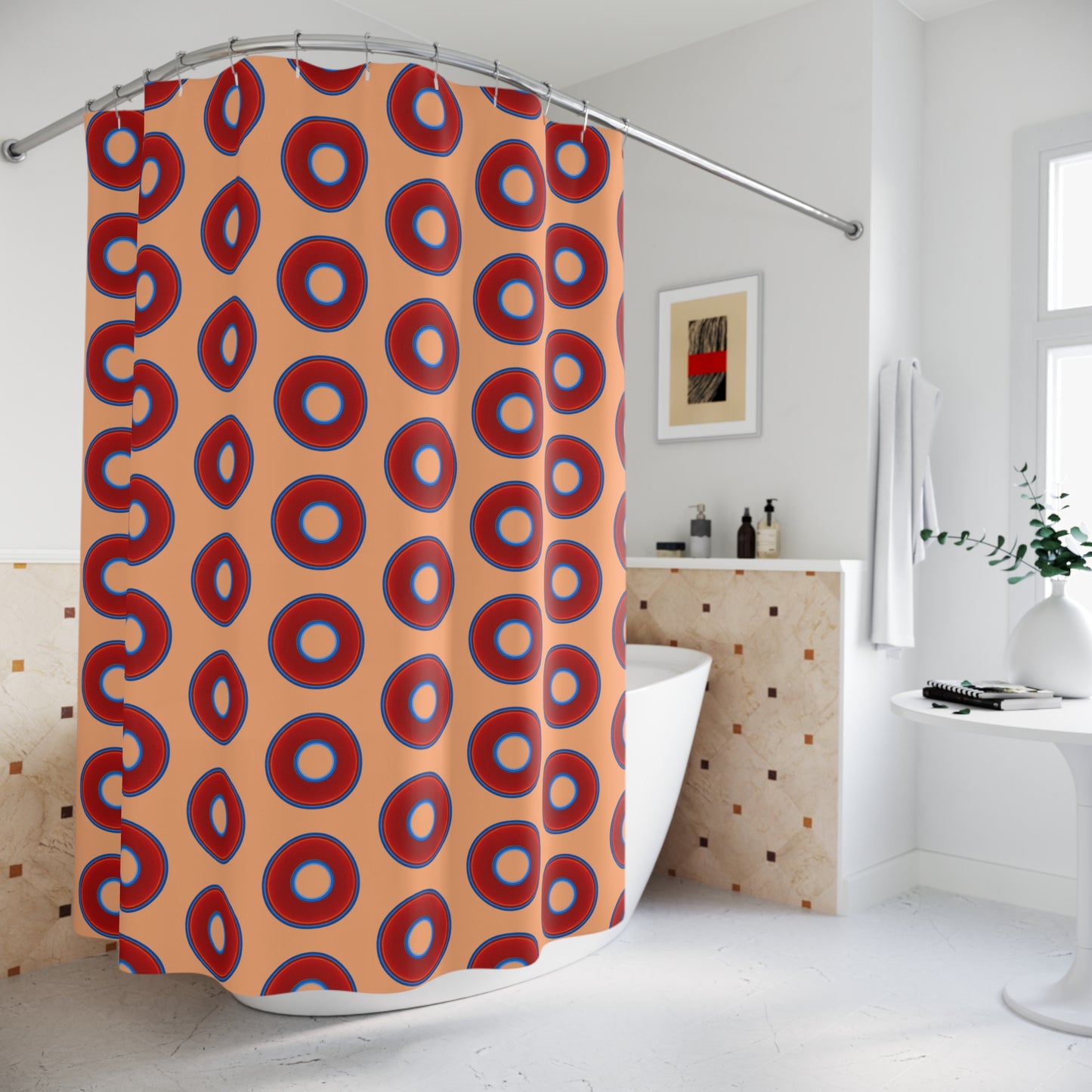 The Curtain With "Donuts" - Lumpy Bath Time Fun - vivid red donuts w/peach background