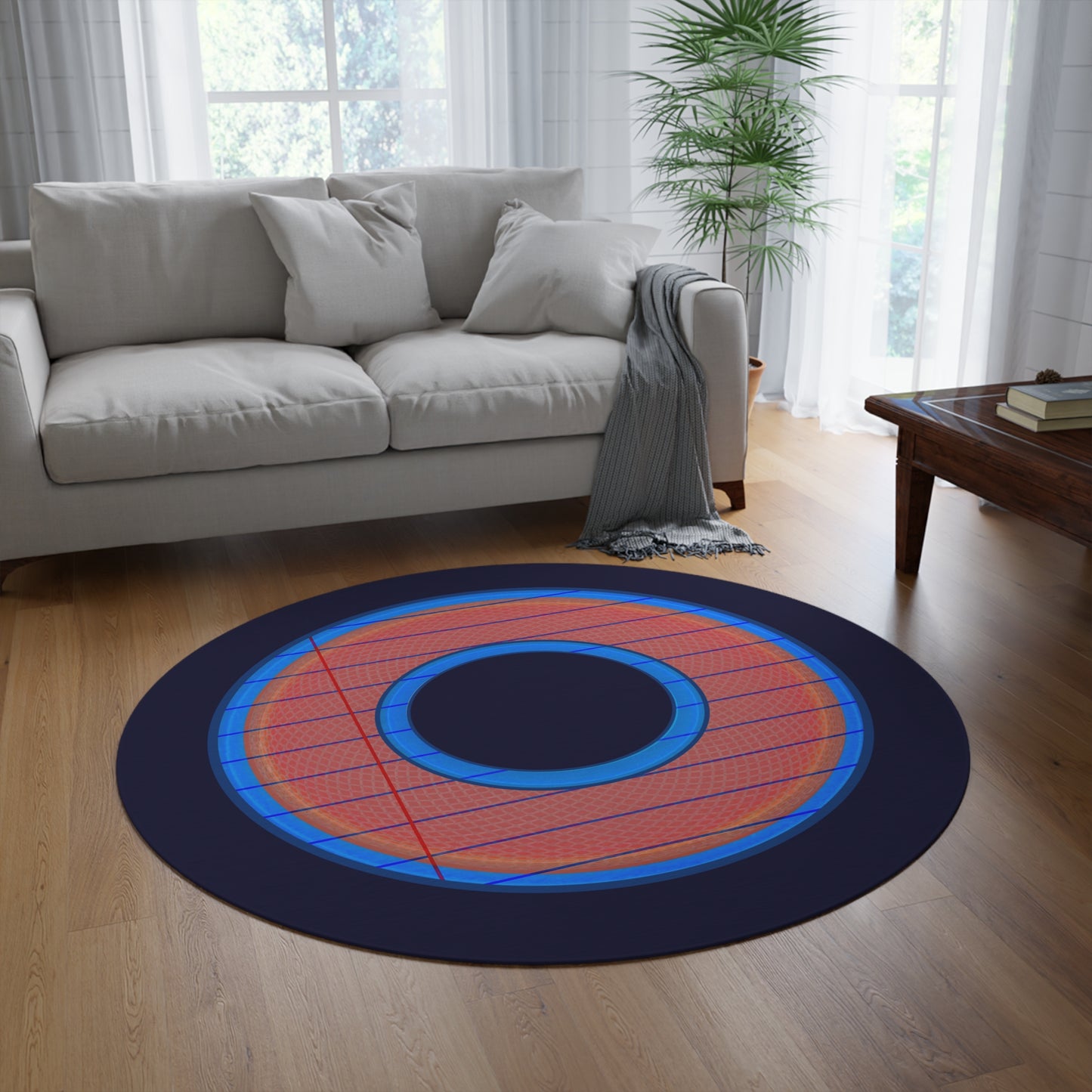 Round Room - 5 ft x 5 ft Lumpy Donut Rug - "Tasty Donut Carpet" - rustic red/blue lined donut w/midnight blue background - variant 3
