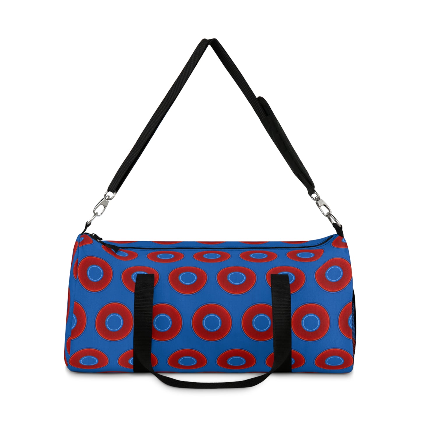 Lumpy Duffel - vivid red donuts w/dark royal blue background