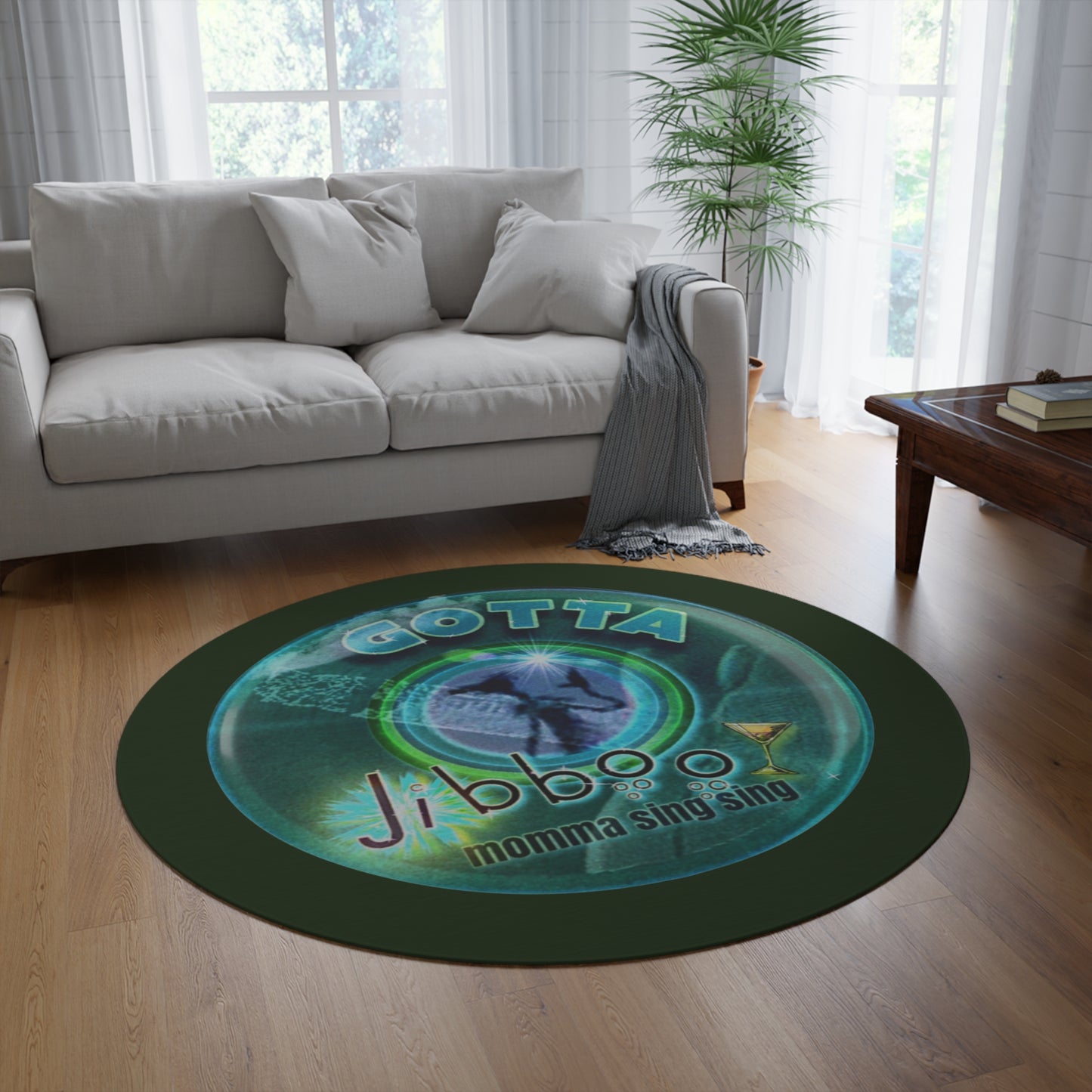 Round Room - 5 ft x 5 ft Lumpy Donut Rug - "Gotta Donut Rug? " - vivid dark teal donut w/deep forest green background