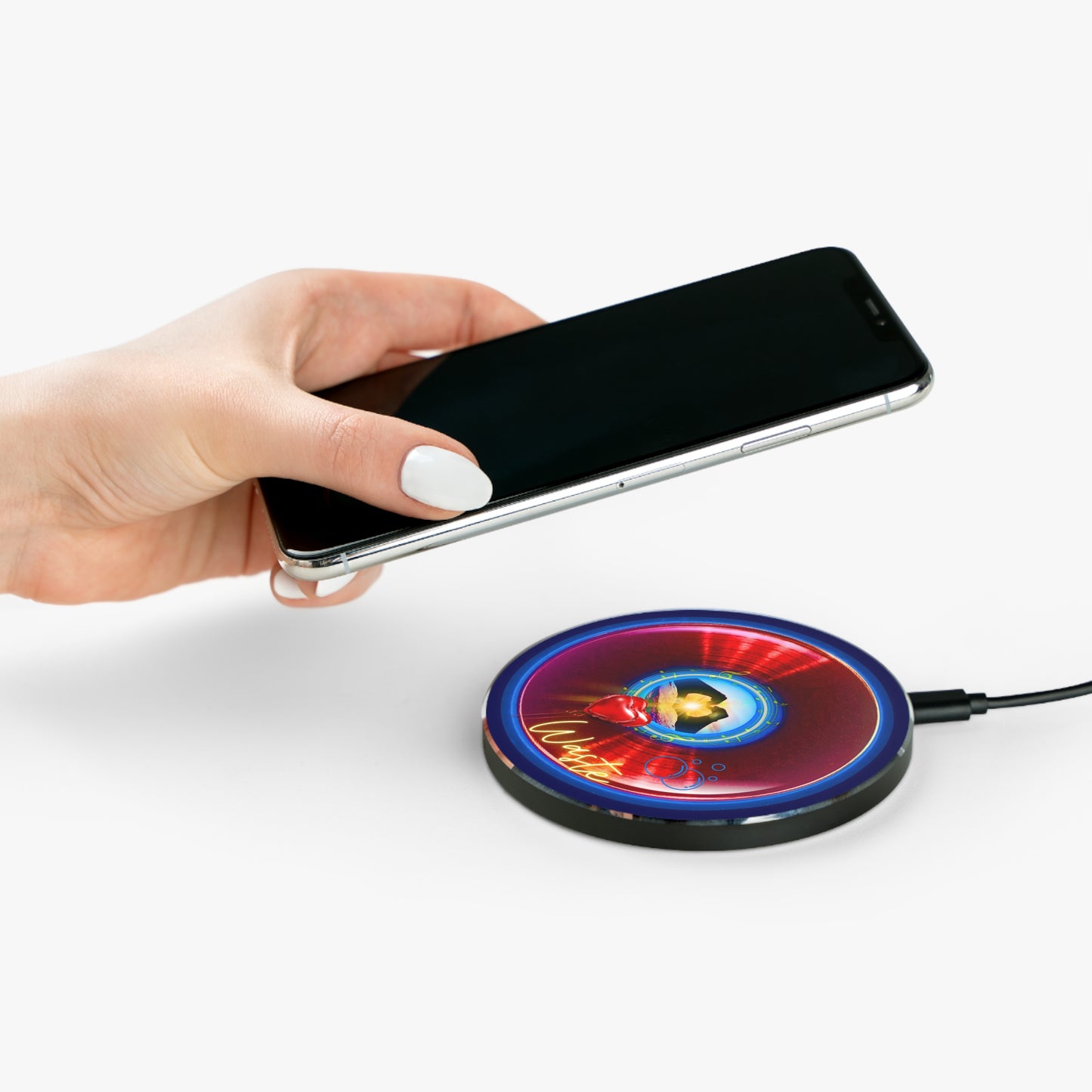 The Flow - Wireless Lumpy Donut Chargers - "Story of the Wireless Donut Charger" - vivid red donut w/navy blue background - variant 2
