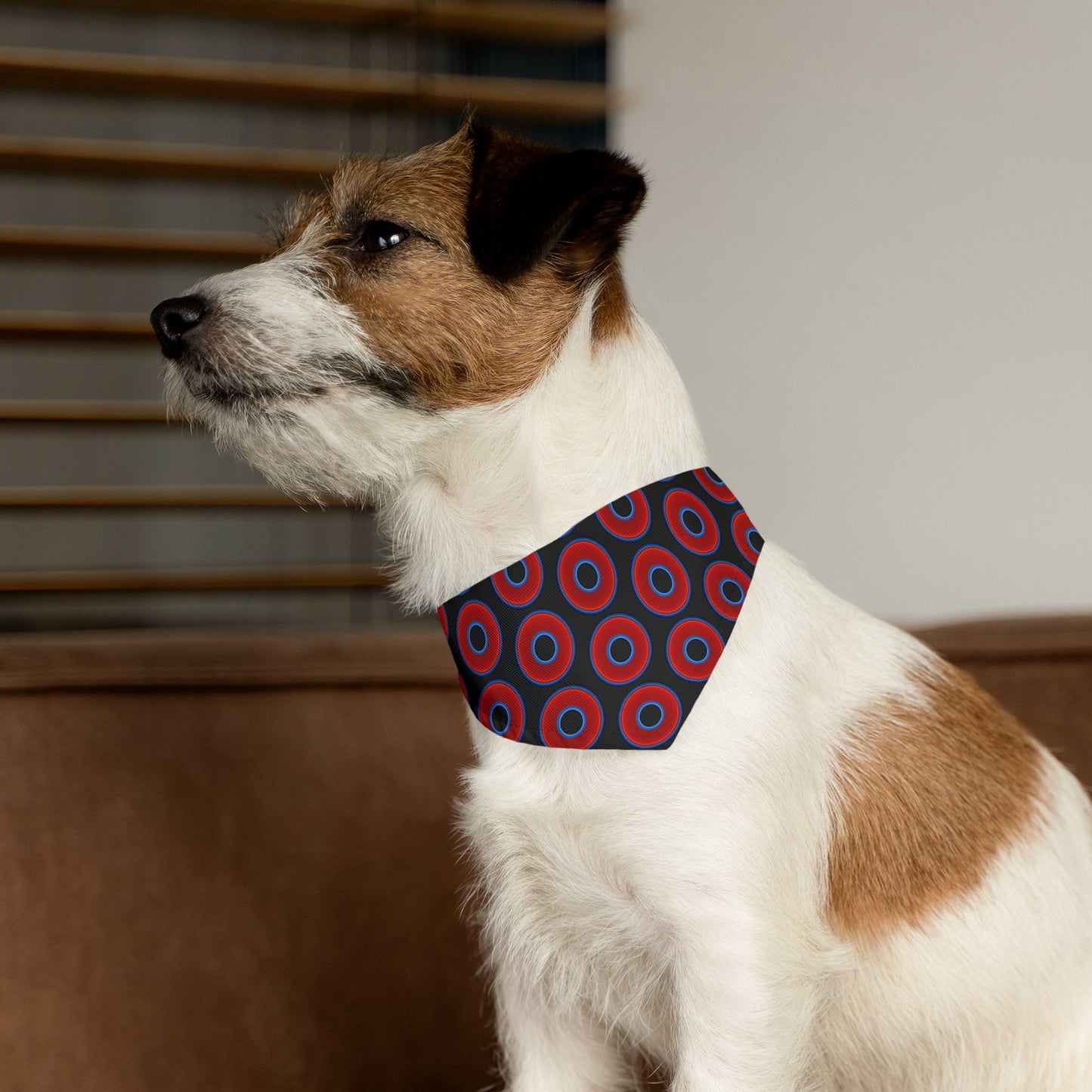 Jim's Lumpy Bandana Pet Collar - vivid red donuts w/black backgound