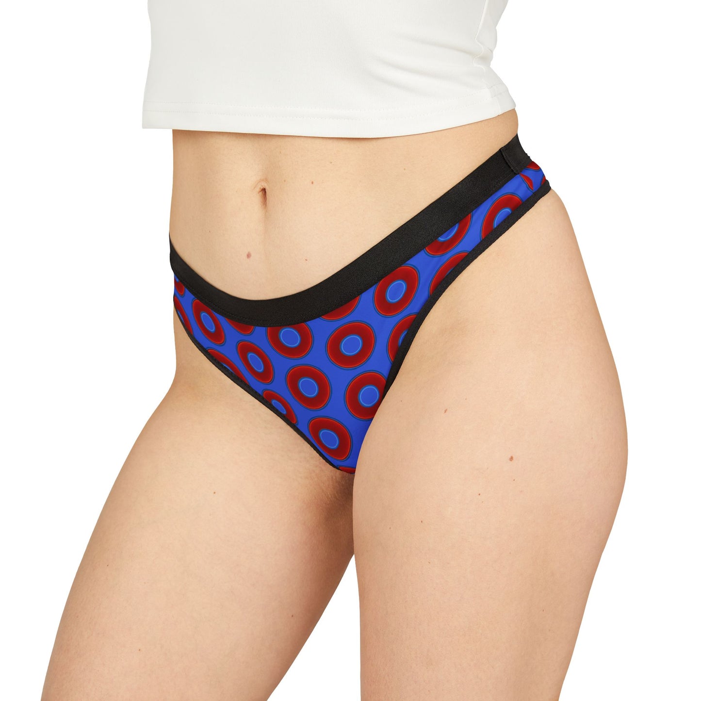 Lumpy Donut Thongs - red vivid donut print w/royal blue background