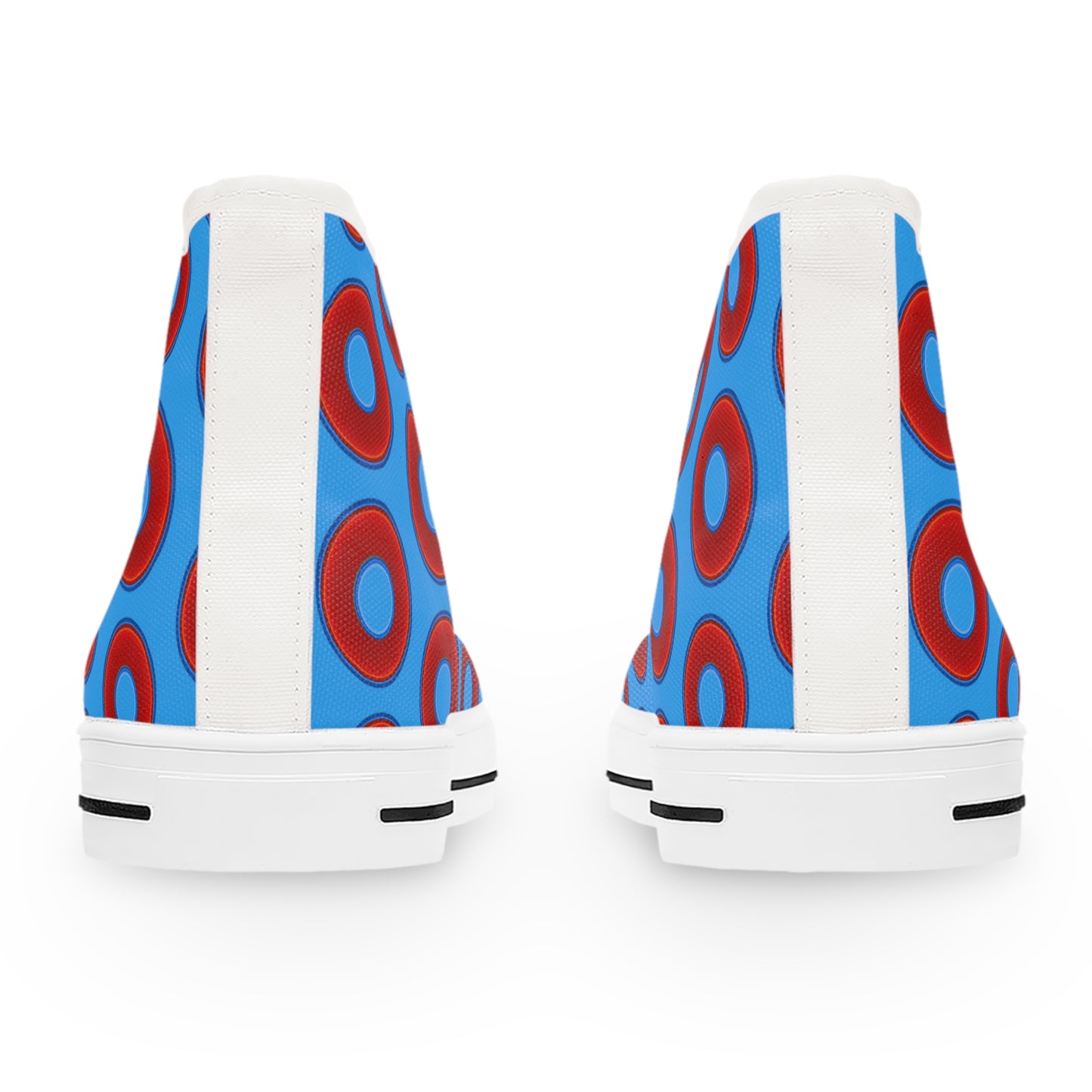 Women's High Top Chuck Taylors - large vivid red donut print w/sky royal blue background