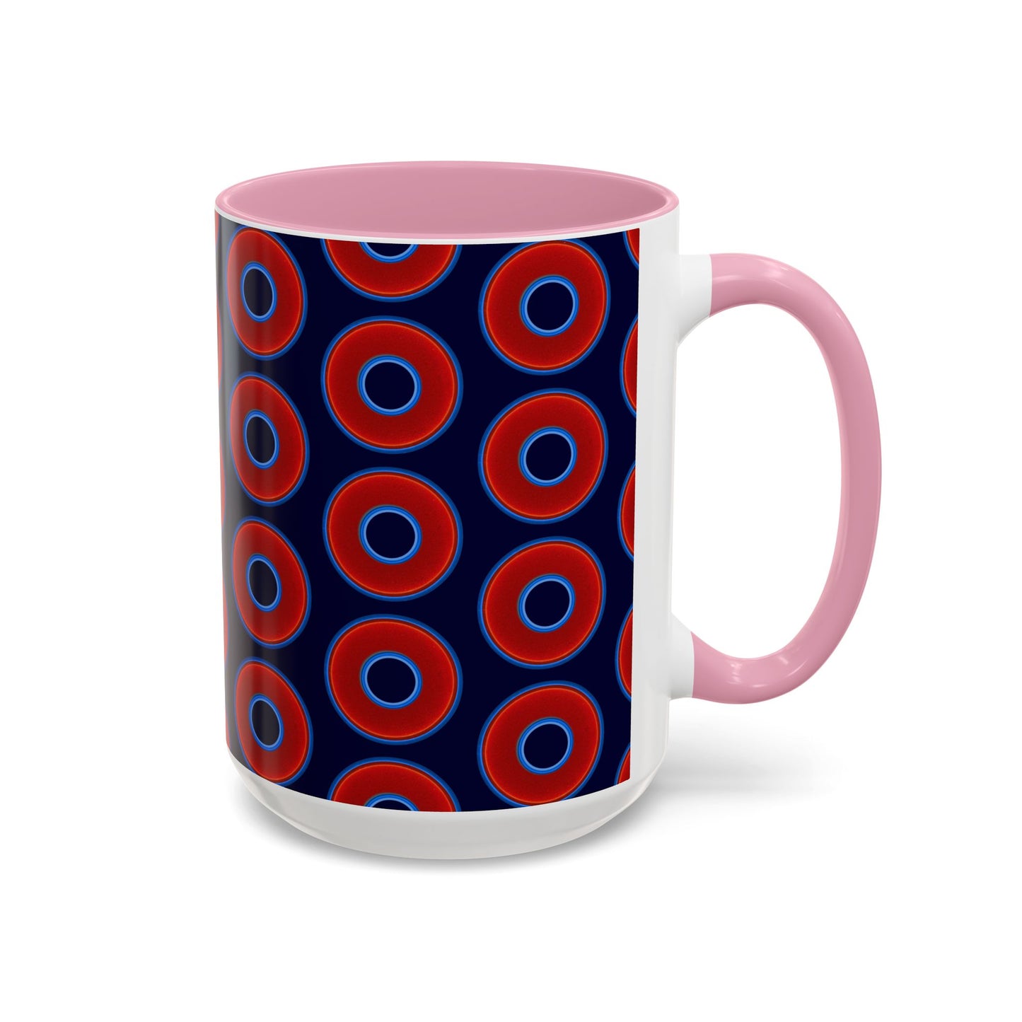 Lump's Grumpy Coffee Mug - vivid red donuts w/midnight blue background