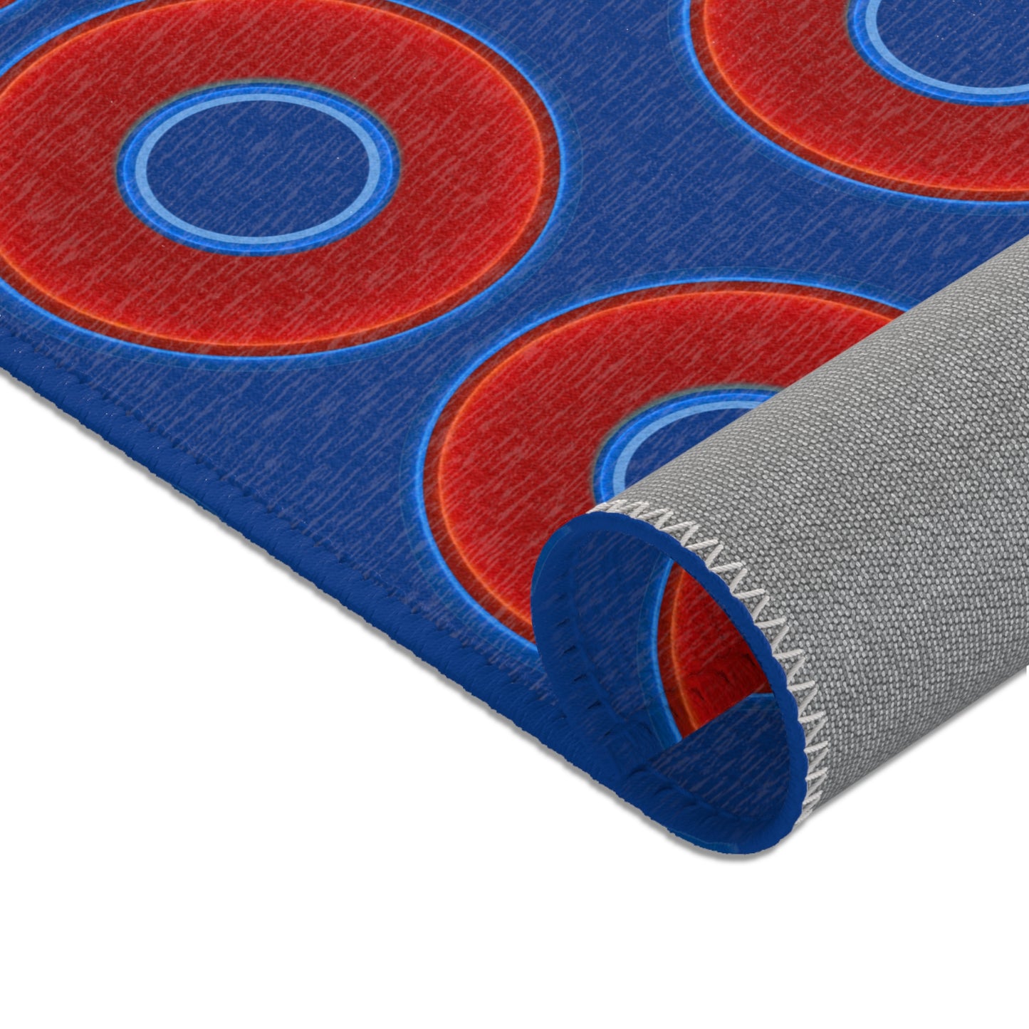Lumpy Donut Print Rug - choice of 3 sizes - vivid red donut print w/dark blue background