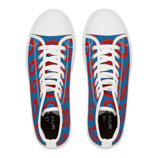 Women's High Top Chuck Taylors - large vivid red donut print w/wavy navy blue background