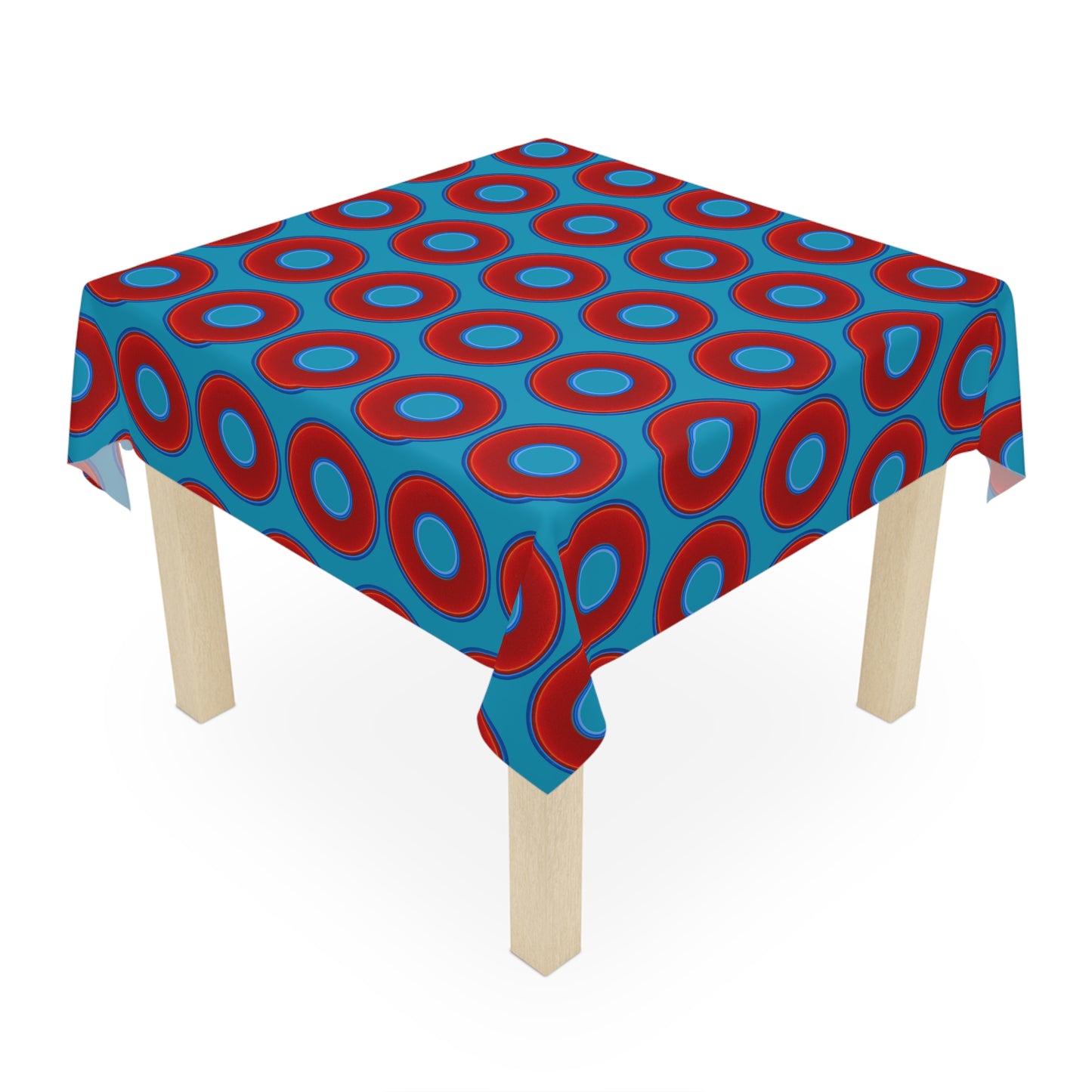 Lumpy Tablecloth - 55.1" x 55.1" - vivid red donuts w/aquamarine blue background