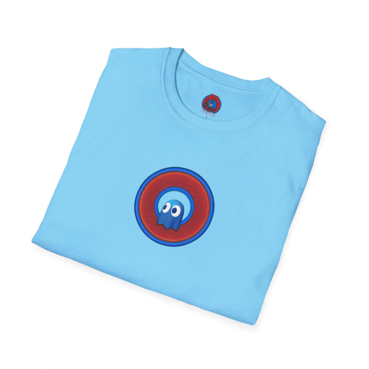Classic Donut Tee - Unisex Soft-Style - "The Story of the Donut - a Ghostly Good Time" - red/blue rustic donut - variant 1