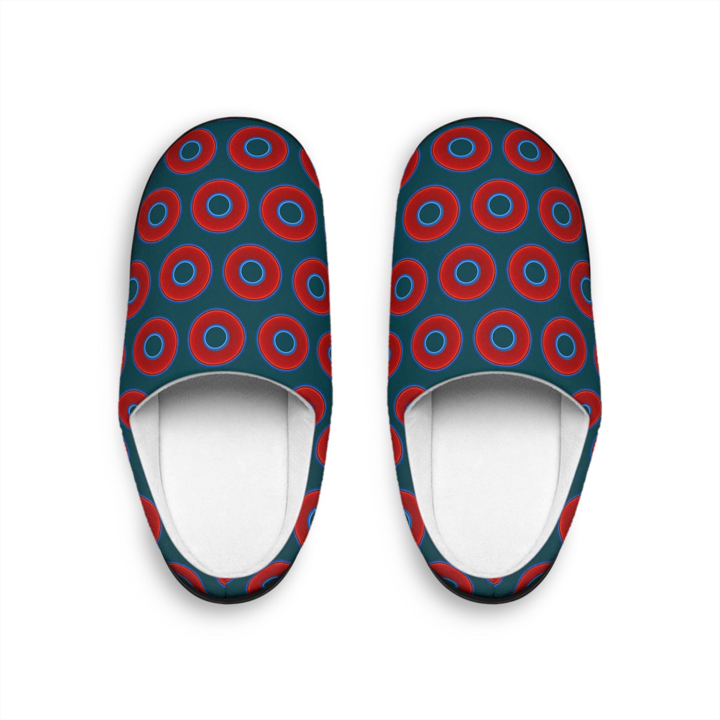 Men's Lumpy Slippers - red vivid donut print w/midnight teal green background