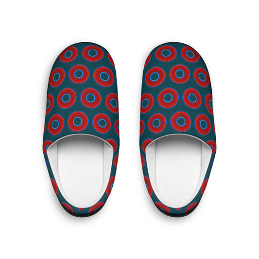 Men's Lumpy Slippers - red vivid donut print w/midnight teal green background