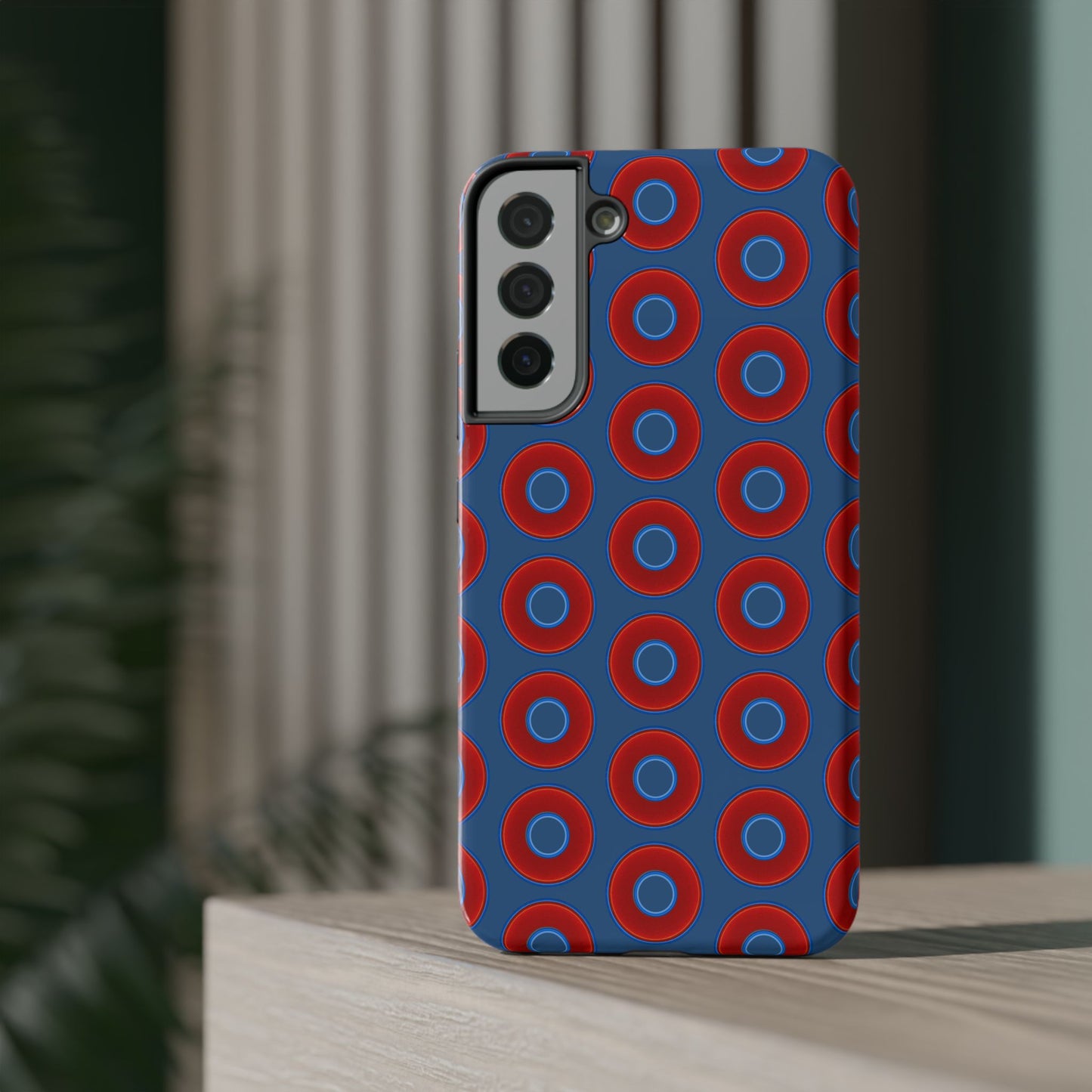 Impact-Resistant Lumpy Donut Case - red vivid donut print w/light navy blue background