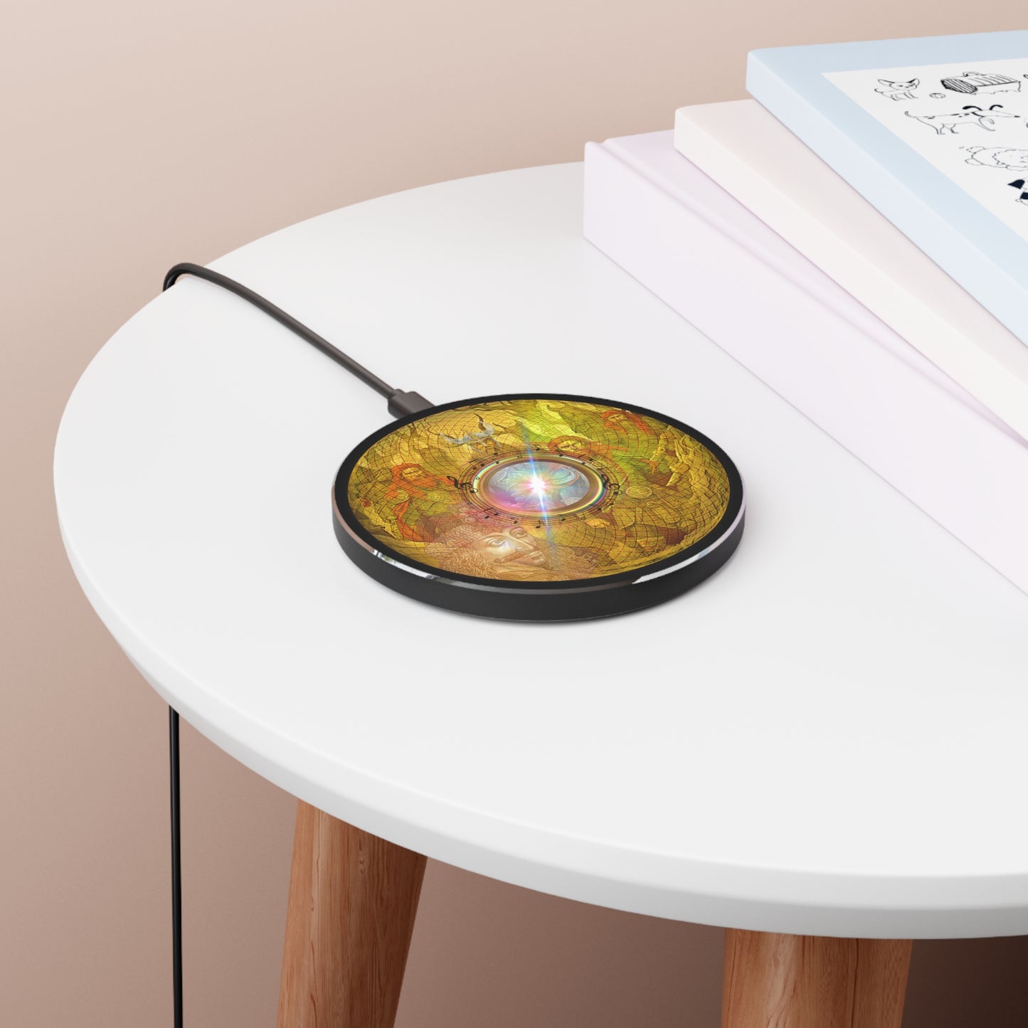 The Flow - Wireless Lumpy Donut Chargers - "Wireless Impaling Donut Charger" - golden symmetrical donut w/black background