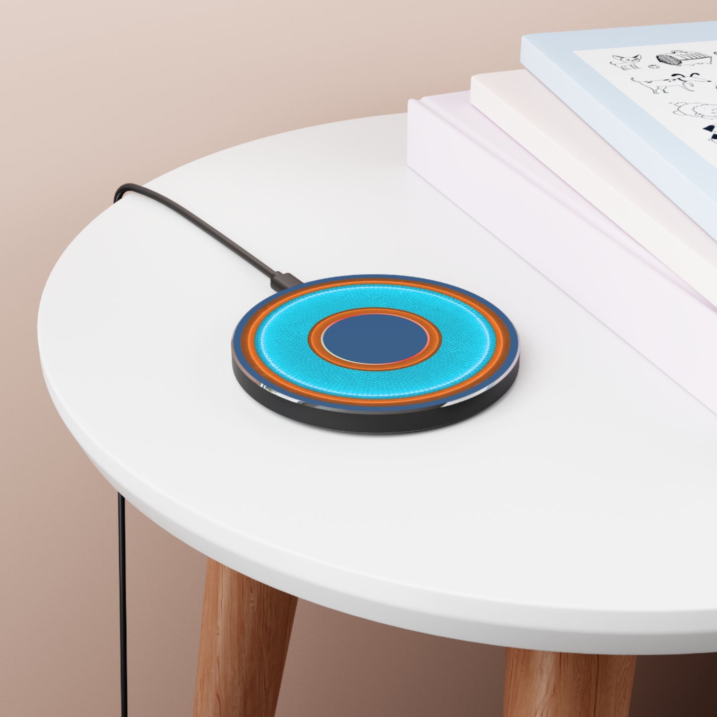 The Flow - Wireless Lumpy Donut Chargers - rustic light blue/orange donut w/light navy background