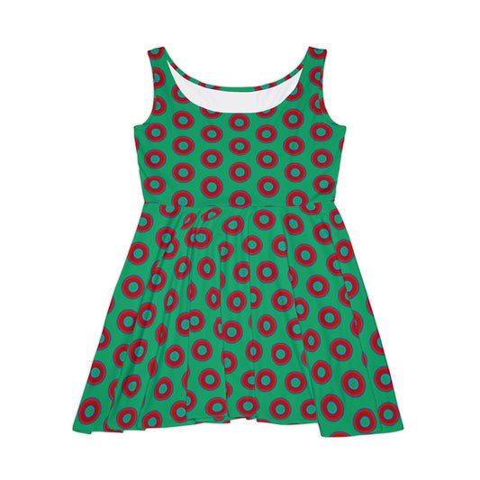 Women's Skater Donut Dress - vivid red donut print w/jade green background