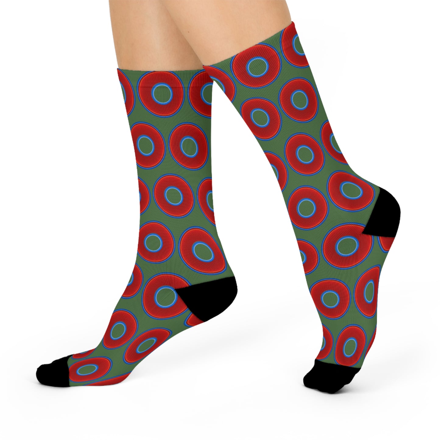 Lumpy Sox - cushioned crew - vivid red donut print w/dark green background