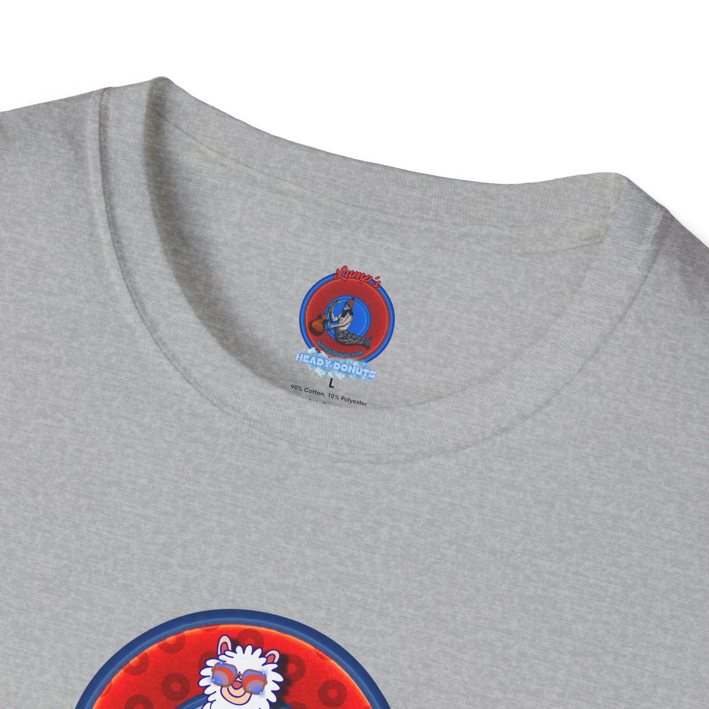 Classic Donut Tee - Unisex Soft-Style - "Medium Paced Llama Donut" - red/blue widemouthed paradox donut