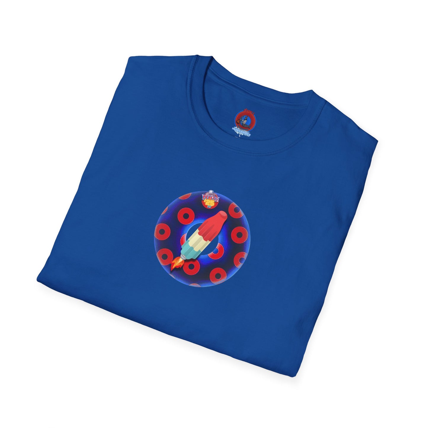 Classic Donut Tee - Unisex Soft-Style - "Blow this Popsicle Stand" - blue/red paradox bomb pop donut - variant 3