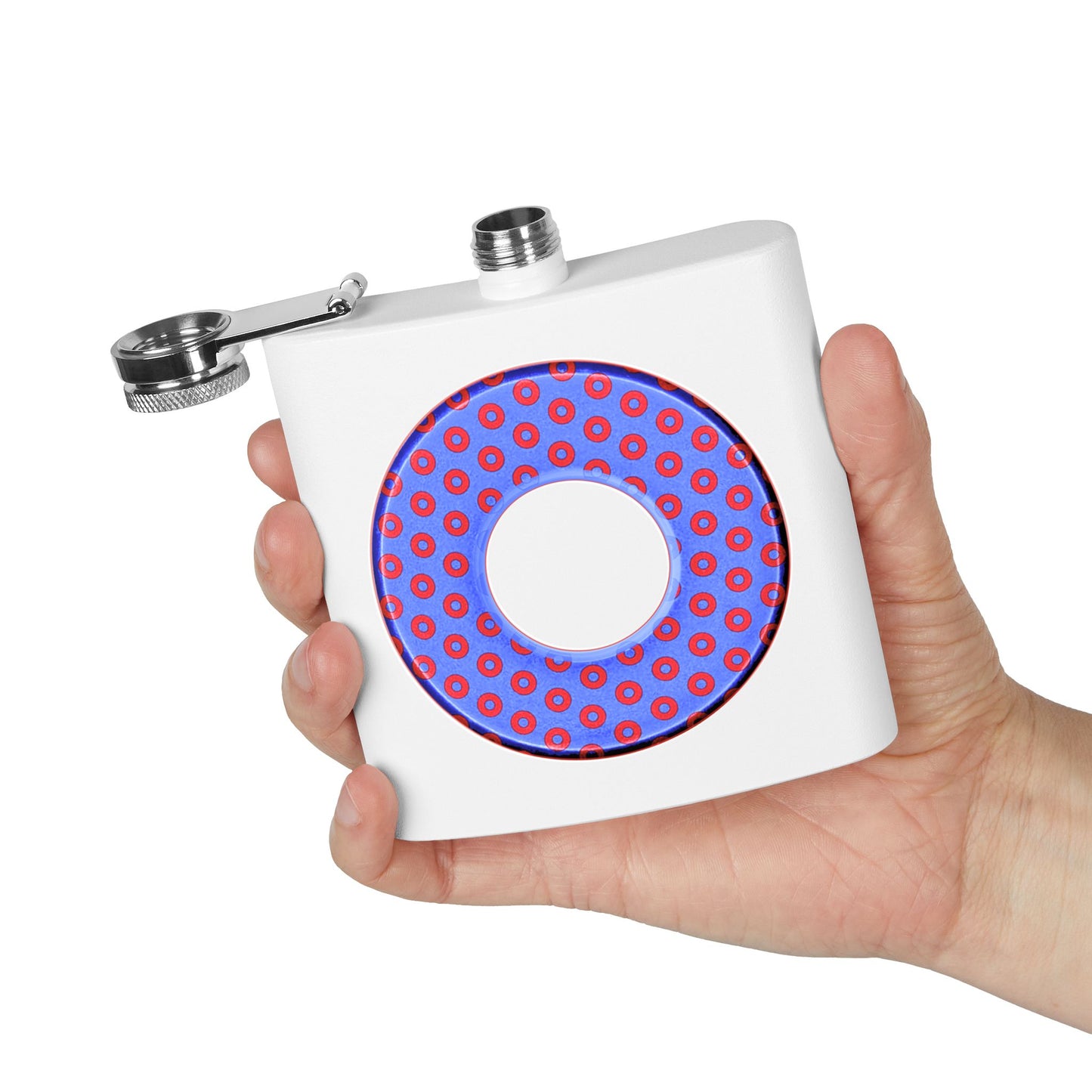 Lump's Donut Flask 6 oz -  Light Blue/Red Electric Paradox Donut - [*w/your choice of 5 backgrounds]