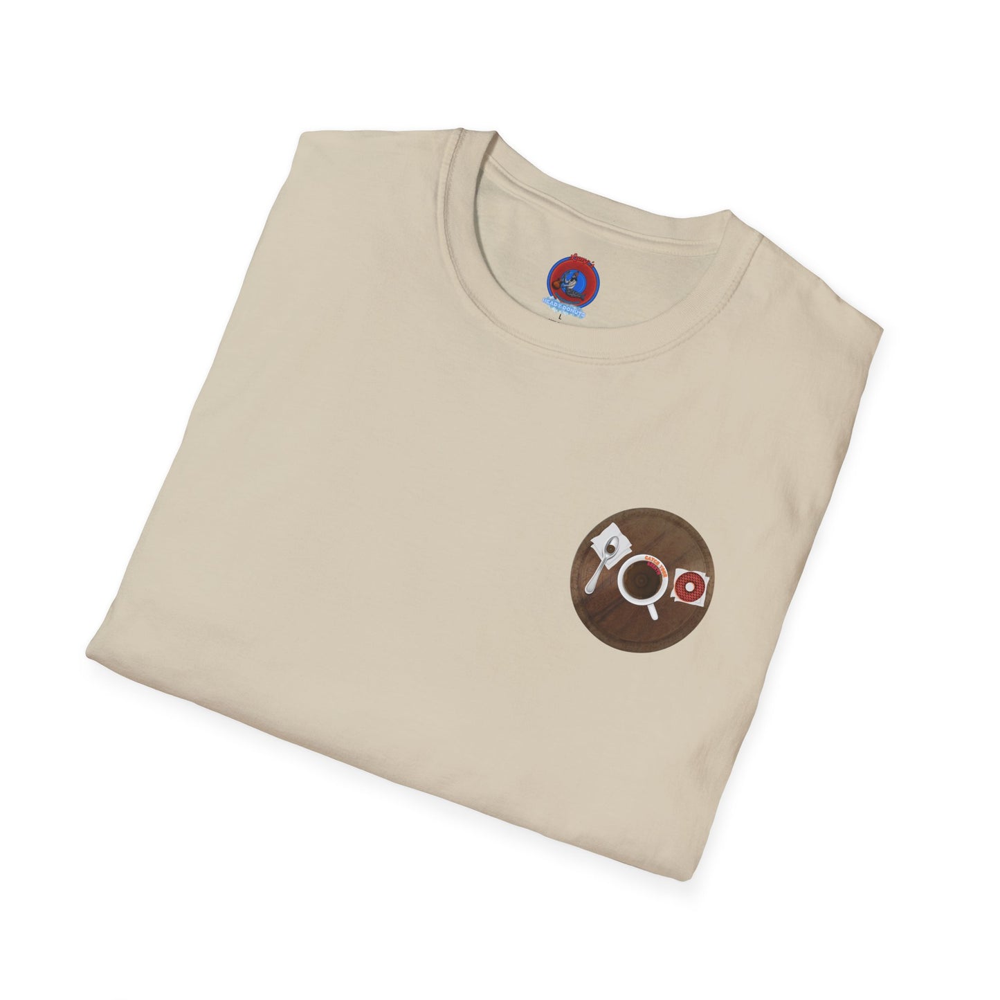 Classic Donut Tee - Unisex Soft-Style - "Coffee With My Donuts" - wooden table donut