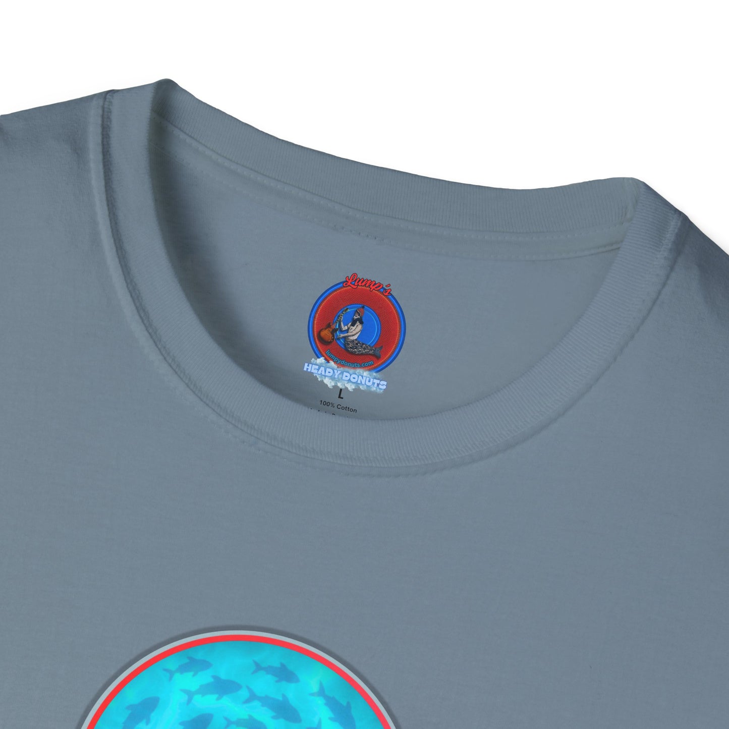 Classic Donut Tee - Unisex Soft-Style - "Skoolie of Phishies" - vivid sea donut - w/light blue water - variant 1
