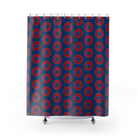 The Curtain With "Donuts" - Lumpy Bath Time Fun - vivid red donuts w/Atlantic navy background